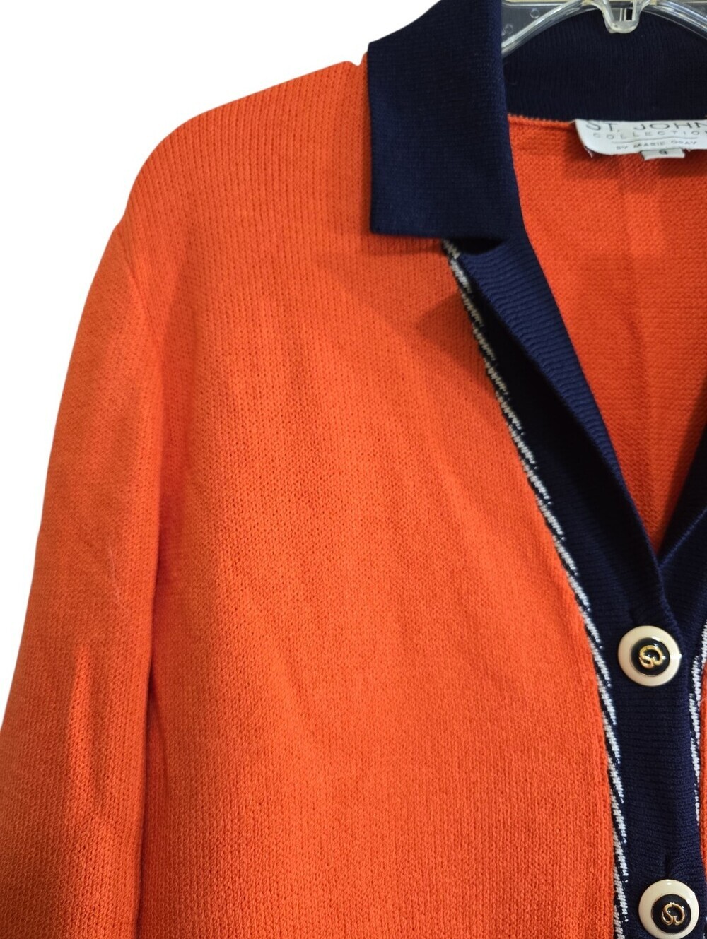St. John Collection Vibrant 2-piece Cardigan Skirt Set Santana Knit Orange Navy - Picture 3 of 8